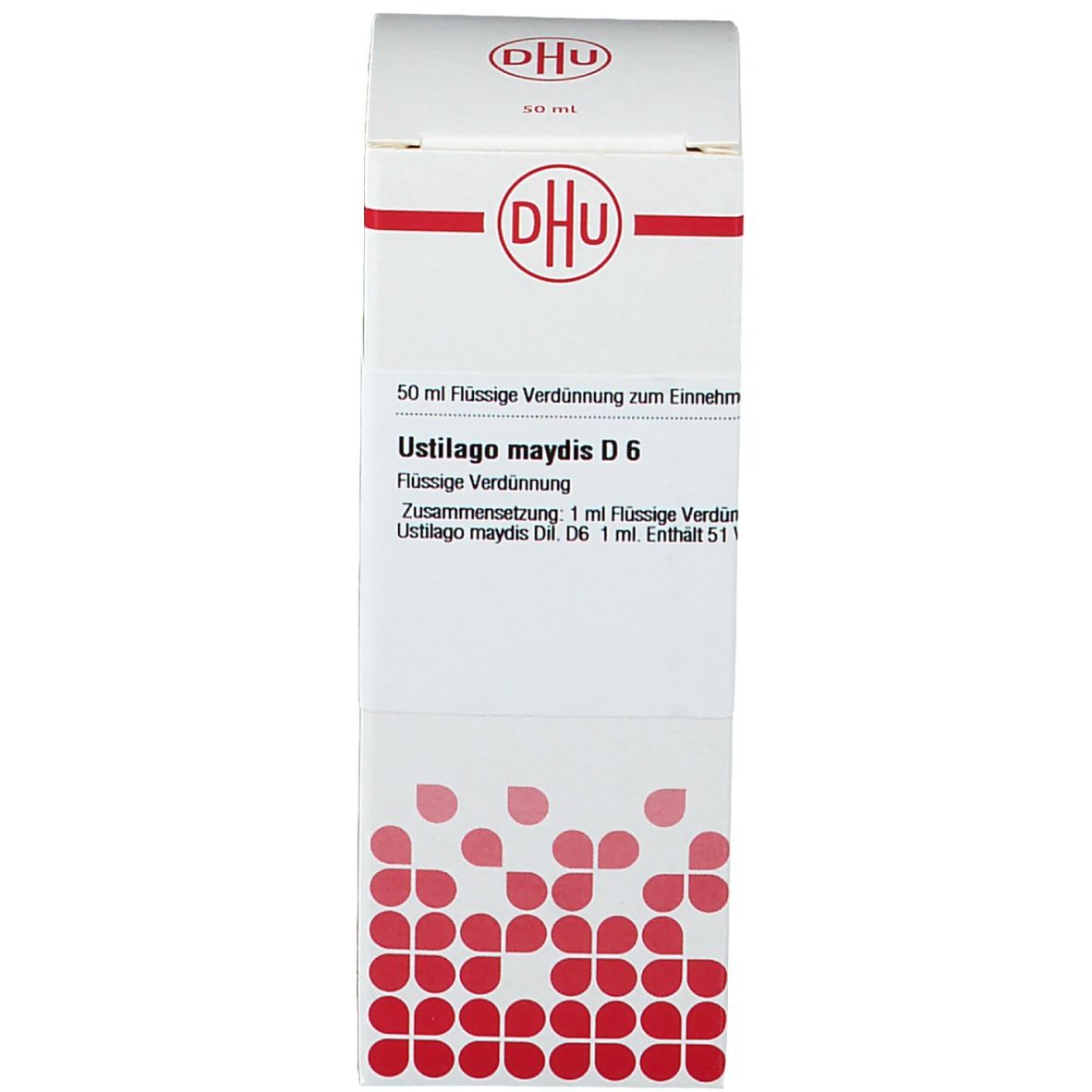 Weiße Verpackung mit Produktinformationen: Ustilago maydis D6, DHU. Rote und weiße Elemente.