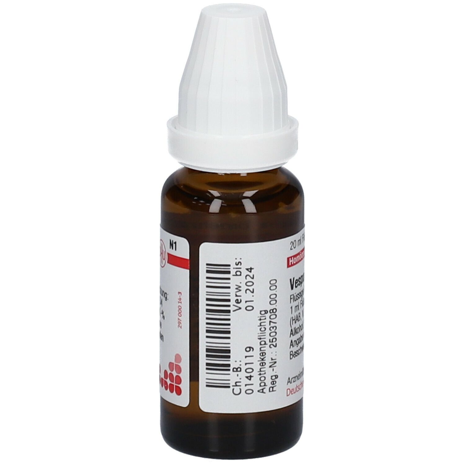 Braune Glasflasche mit weißem Verschluss. Etikett mit Produktinformationen und Barcode. Apothekenpflichtig, Verwendbar bis 01.2024.