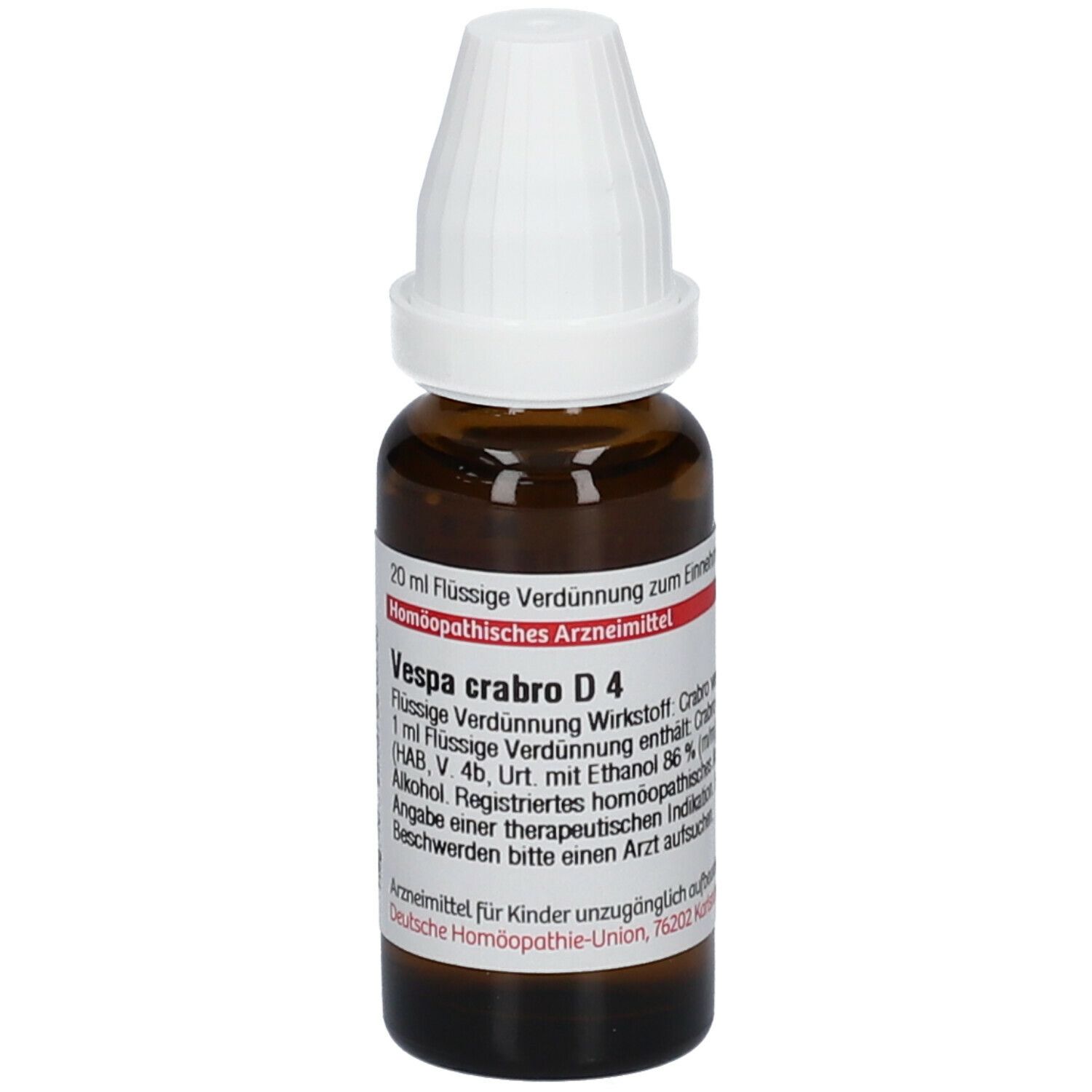 Braune Glasflasche mit weißem Verschluss. Etikett mit Produktinformationen: Vespa crabro D4, 20 ml Flüssige Verdünnung.