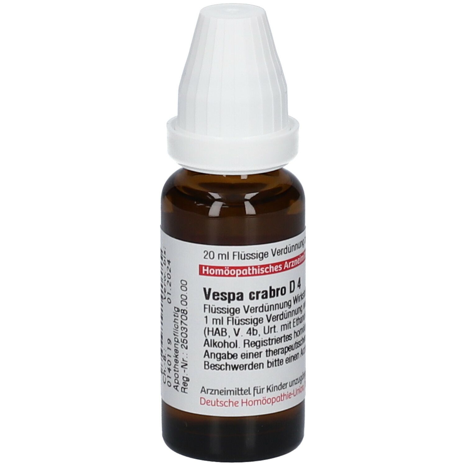 Braune Glasflasche mit weißem Verschluss. Etikett mit Produktinformationen: Vespa crabro D4, 20 ml Flüssige Verdünnung.