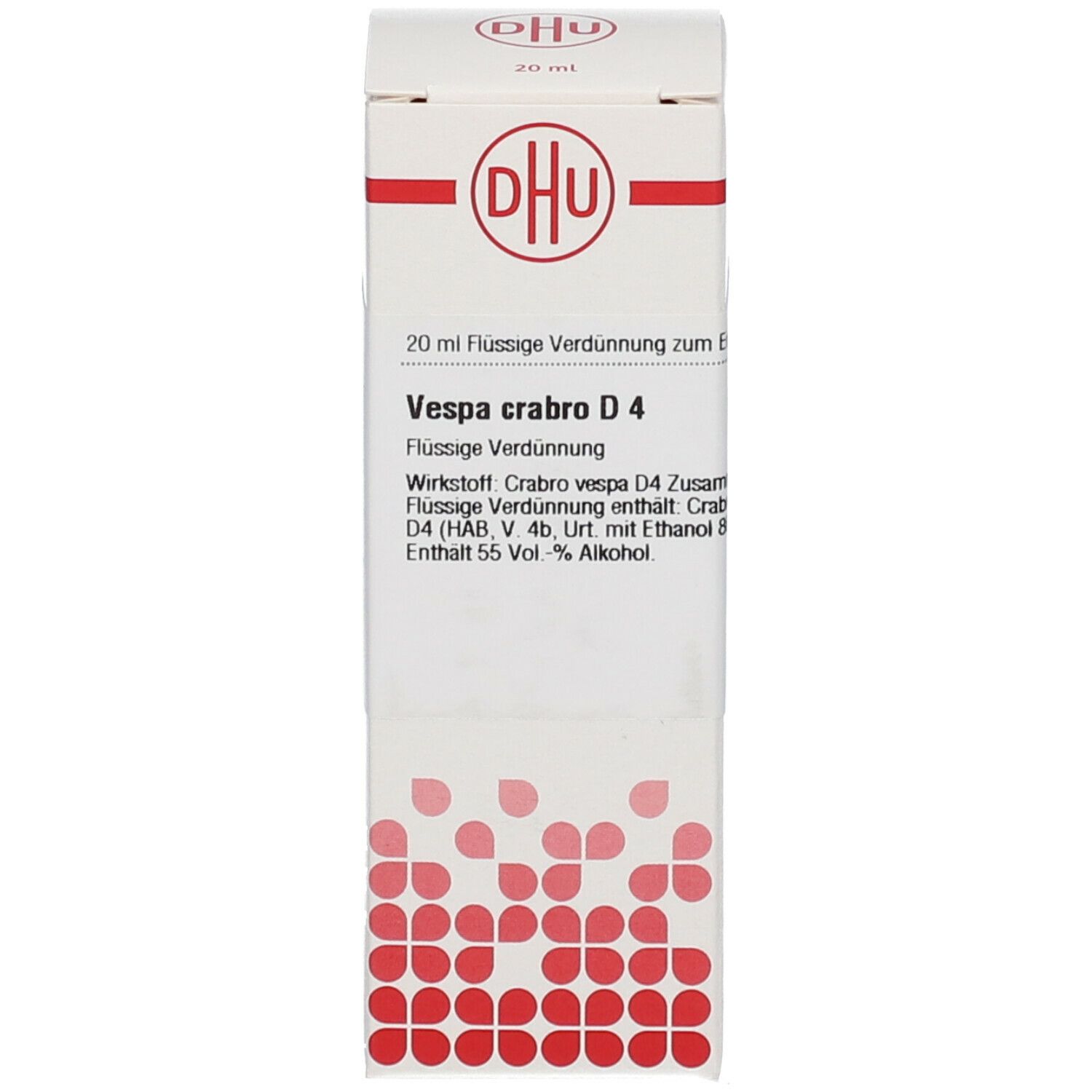 Weiße Verpackung mit DHU Logo. Enthält: Vespa crabro D4, 20 ml Flüssige Verdünnung. Rote Punkte am unteren Rand.
