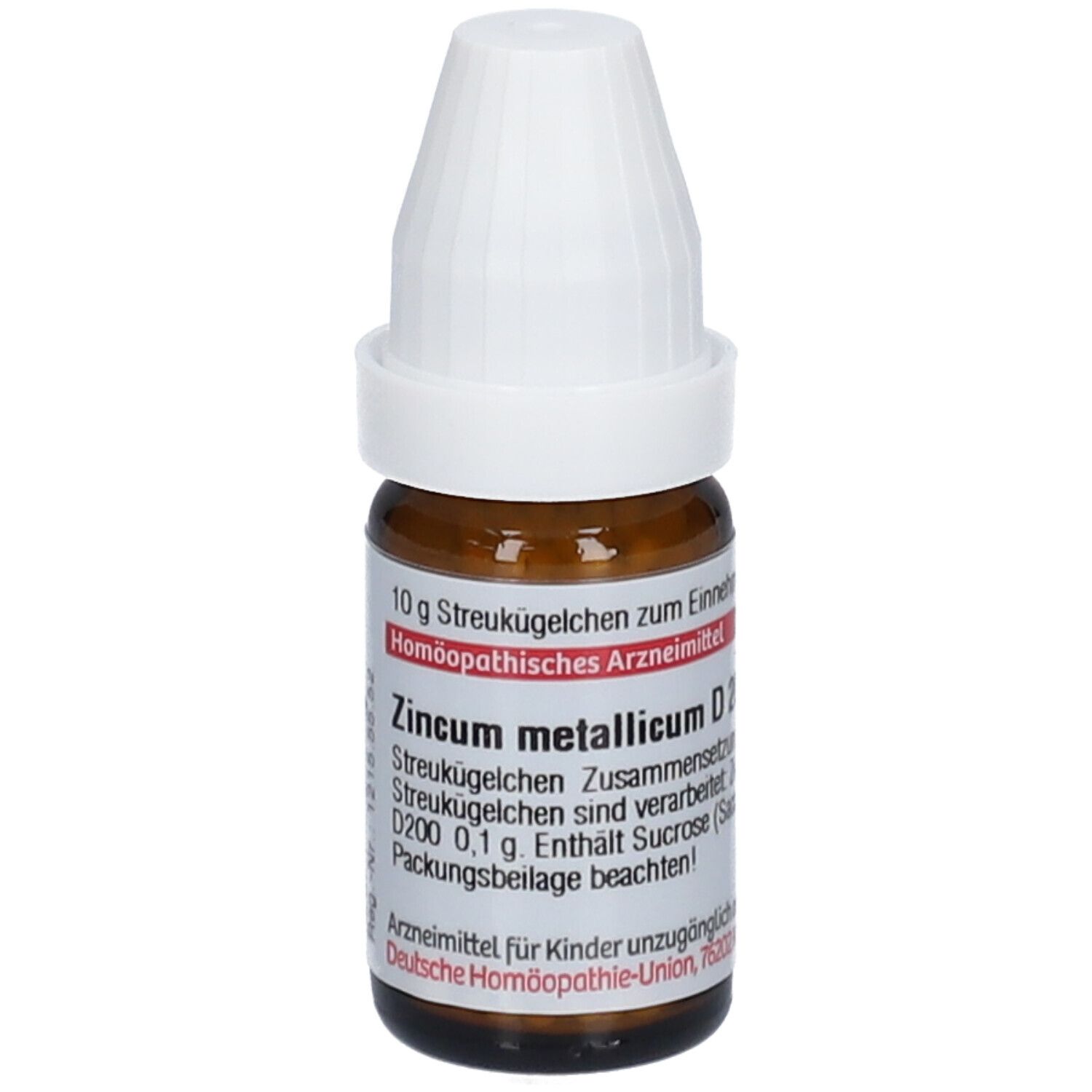 Braune Glasflasche mit weißem Deckel. Beschriftung: Zincum metallicum D200, 10 g Streukügelchen. Homöopathisches Arzneimittel.