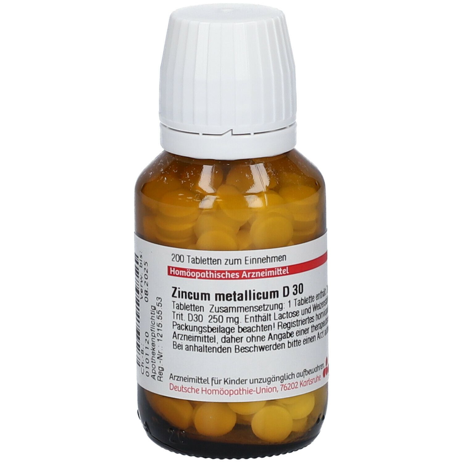 Braune Glasflasche mit weißen Deckel. Enthält gelbe Tabletten. Beschriftung: DHU Zincum metallicum D30, 200 Tabletten.