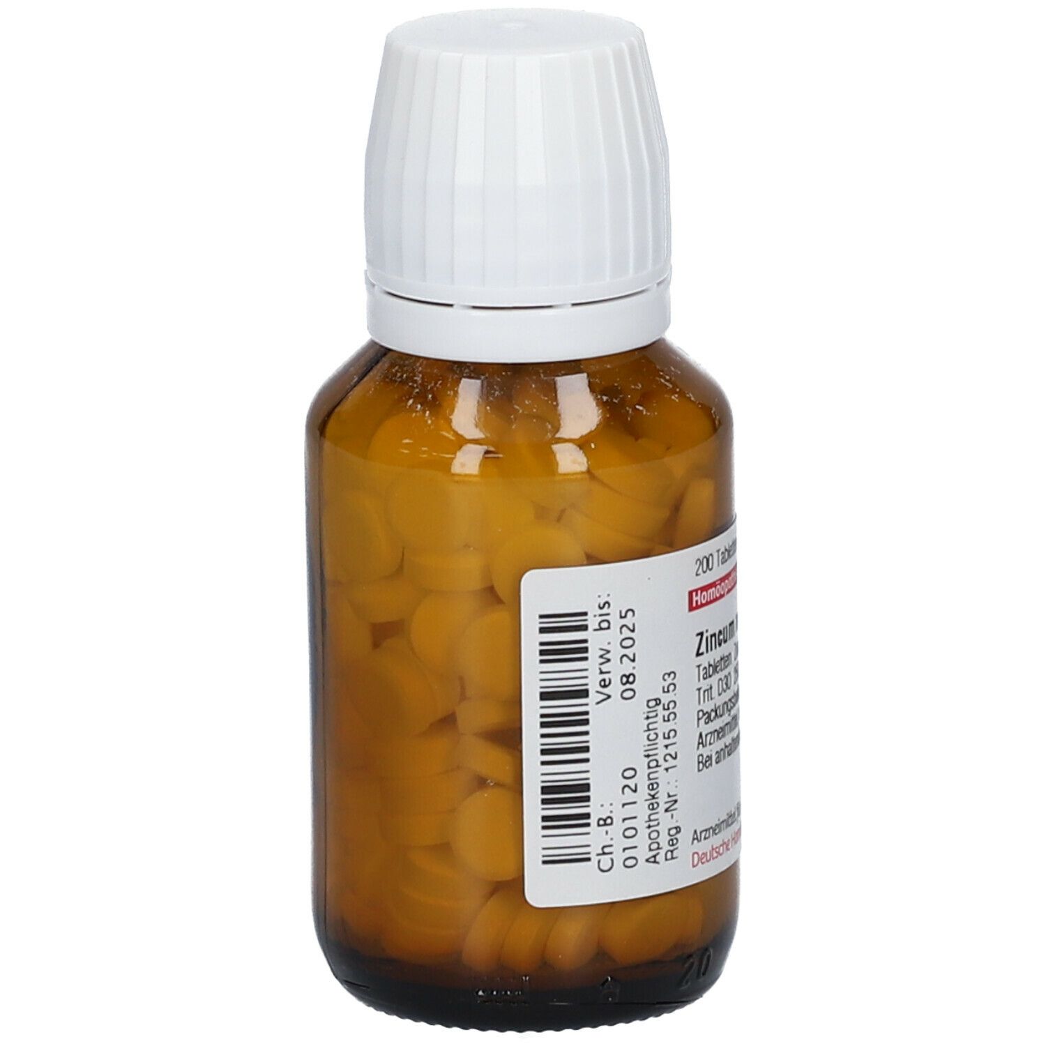 Braune Glasflasche mit weißen Deckel. Etikett mit Text und Barcode. Enthält gelbe Tabletten. DHU Zincum metallicum D30.