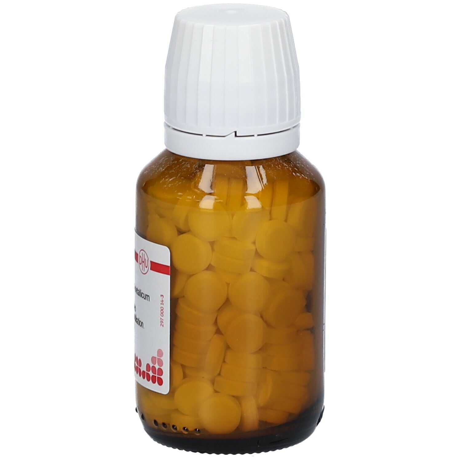 Braune Glasflasche mit weißen Deckel. Enthält gelbe Tabletten. Beschriftung: DHU Zincum metallicum D30, 200 Tabletten.