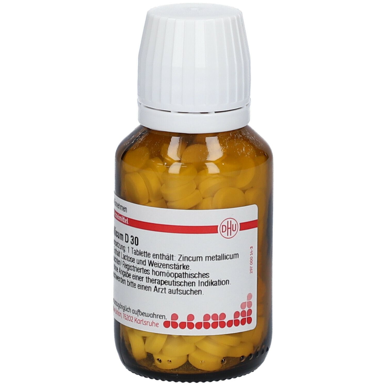 Braune Glasflasche mit weißen Deckel. Enthält gelbe Tabletten. Beschriftung: DHU Zincum metallicum D30, 200 Tabletten.