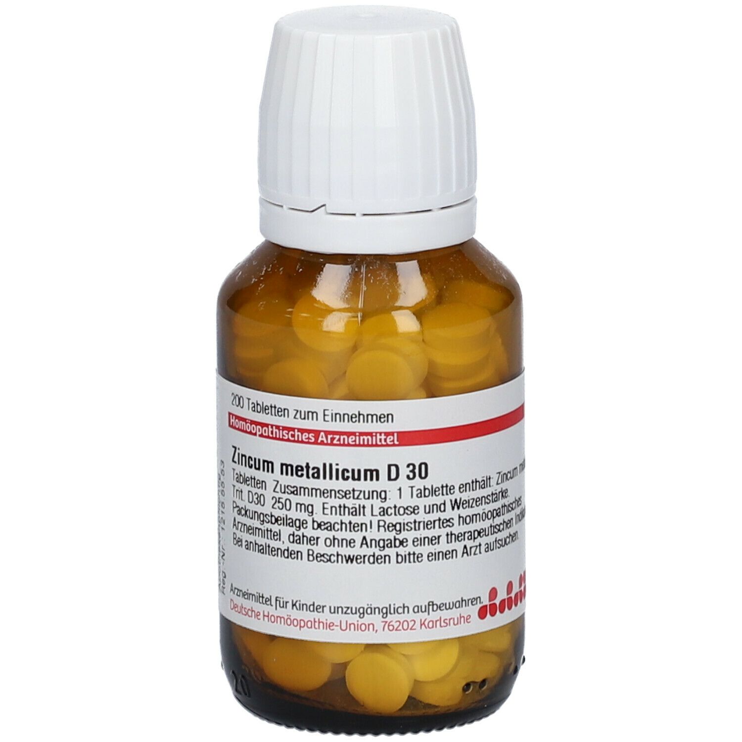Braune Glasflasche mit weißen Deckel. Enthält gelbe Tabletten. Beschriftung: DHU Zincum metallicum D30, 200 Tabletten.