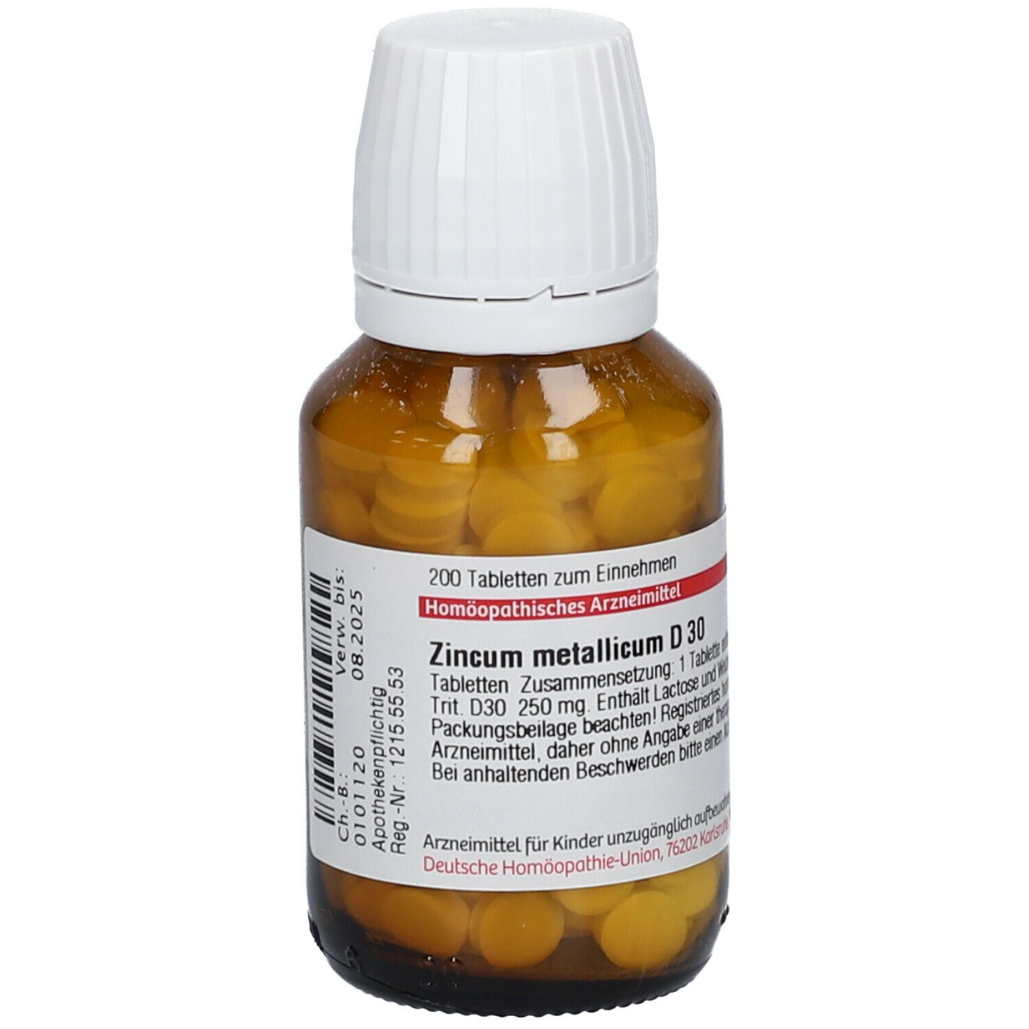 Braune Glasflasche mit weißen Deckel. Enthält gelbe Tabletten. Beschriftung: DHU Zincum metallicum D30, 200 Tabletten.