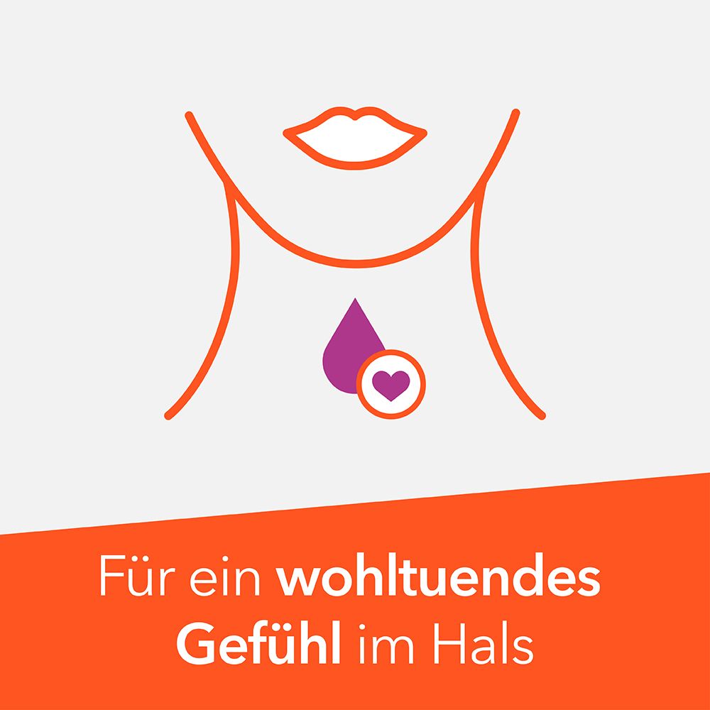 Symbolbild: Hals mit Tropfen. Text: Für ein wohltuendes Gefühl im Hals.
