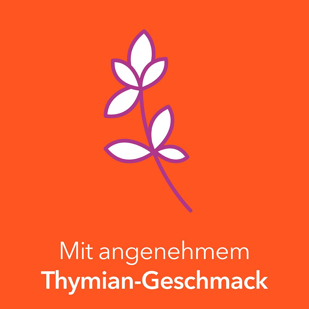 Symbolbild: Thymianzweig. Text: Mit angenehmem Thymian-Geschmack.