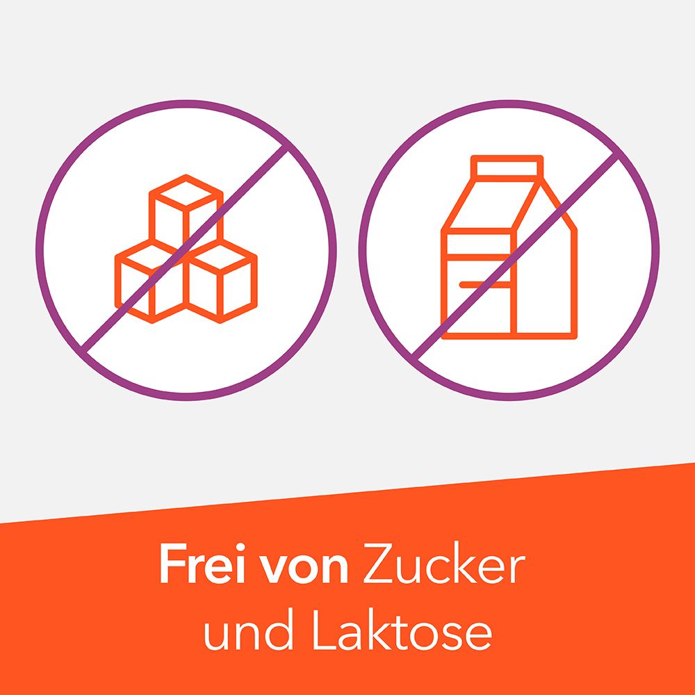 Symbolbild: Durchgestrichene Zuckerwürfel und Milchpackung. Text: Frei von Zucker und Laktose.