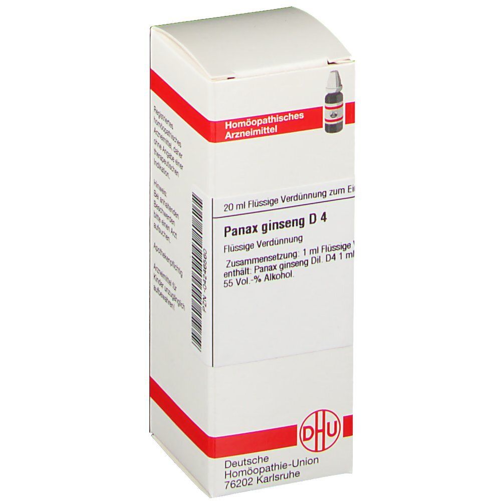 Weiße Schachtel mit roter Umrandung. Aufschrift: Panax ginseng D4, DHU Logo. Enthält eine Flasche.