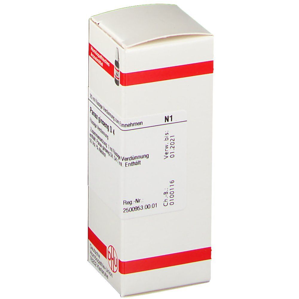Weiße Schachtel mit roter Umrandung. Aufschrift: Panax ginseng D4, N1. Rückseite mit Text und Barcode.