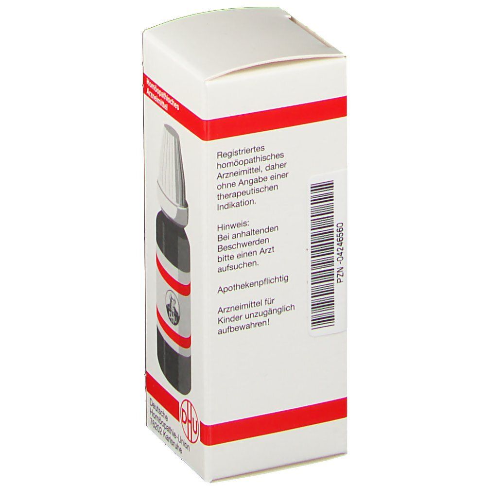 Weiße Schachtel mit roter Umrandung. Braune Flasche mit weißem Verschluss. Rückseite mit Text und Barcode.
