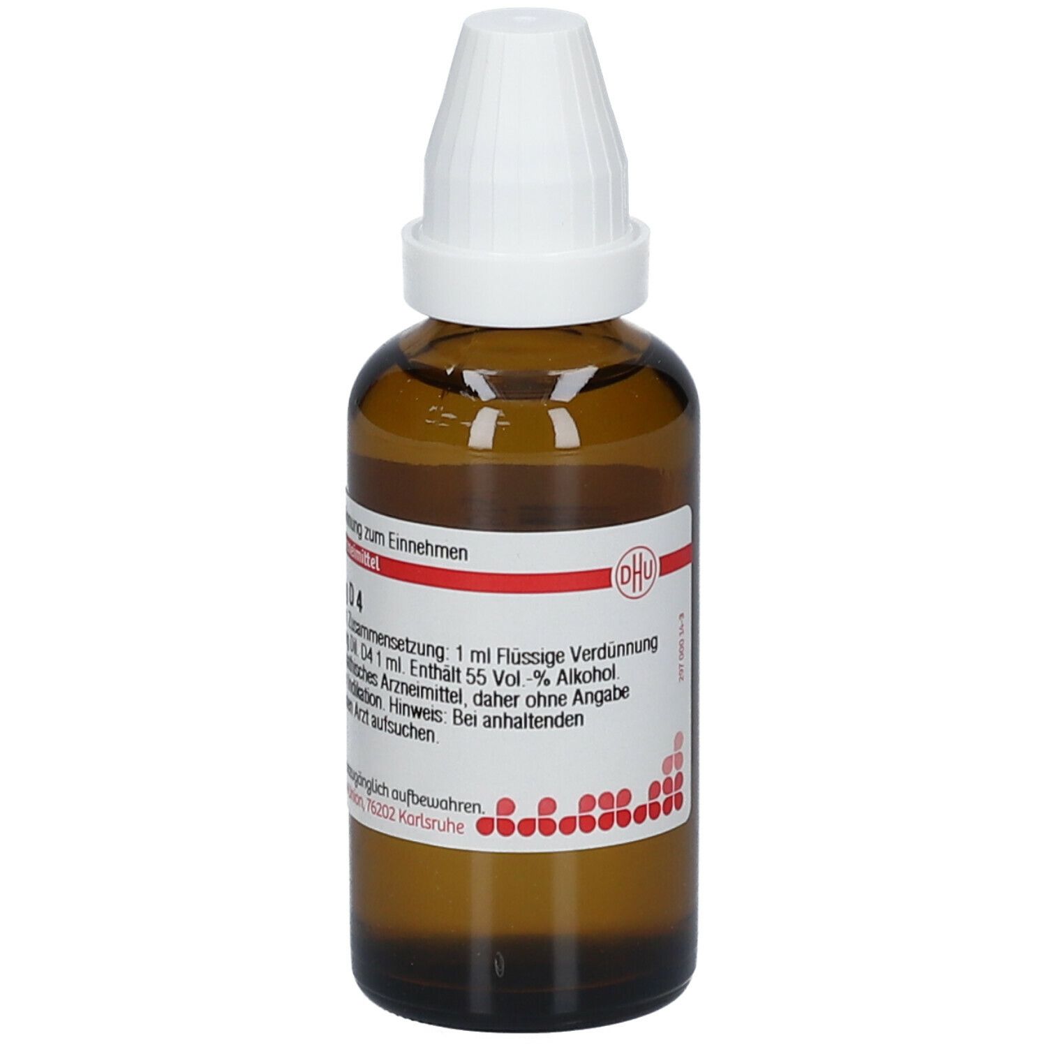Braune Glasflasche mit weißem Verschluss. Beschriftung: Panax ginseng D4, 50 ml Flüssige Verdünnung. Homöopathisches Arzneimittel.
