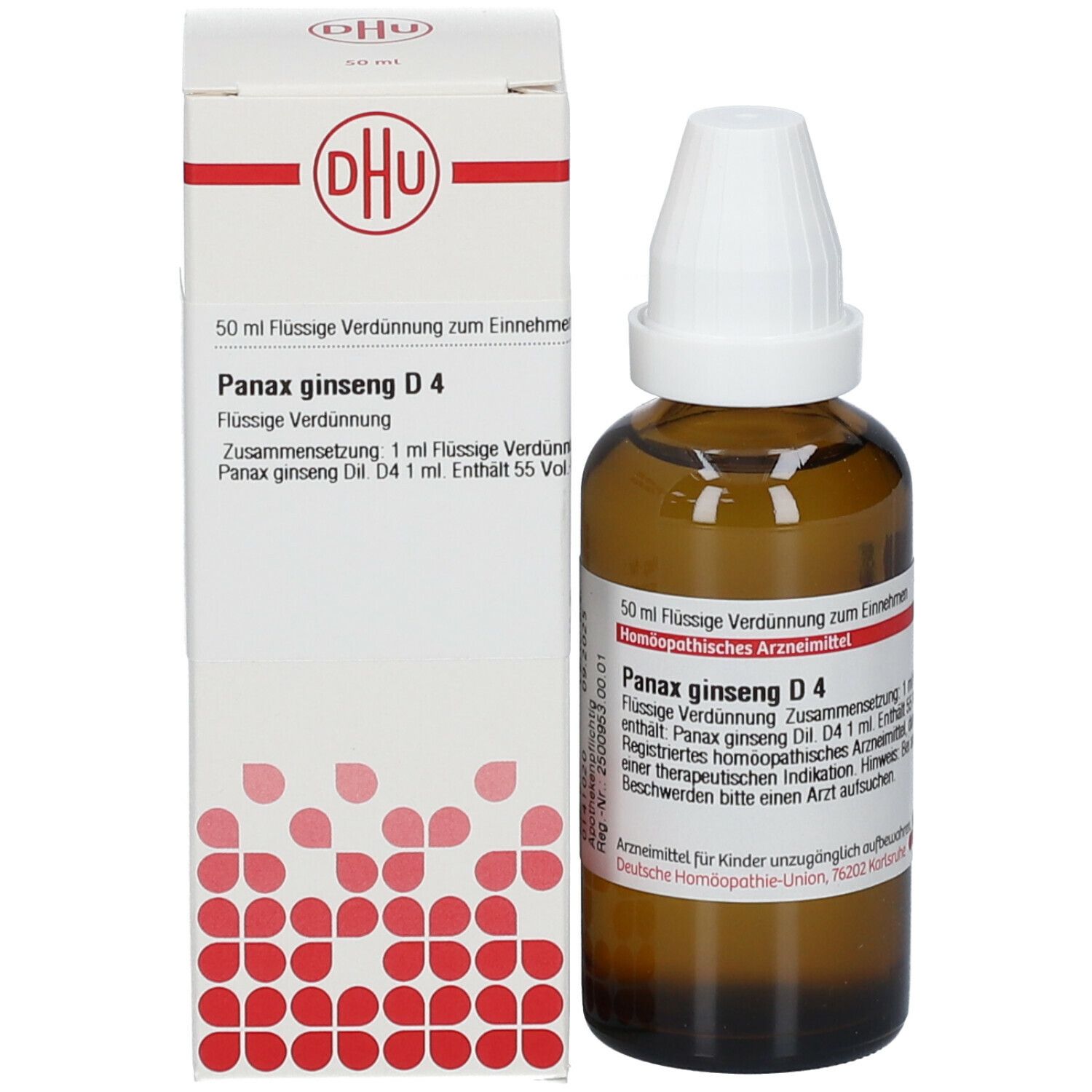 Braune Glasflasche mit weißem Verschluss und Karton. Beschriftung: DHU, Panax ginseng D4, 50 ml Flüssige Verdünnung. Homöopathisches Arzneimittel.