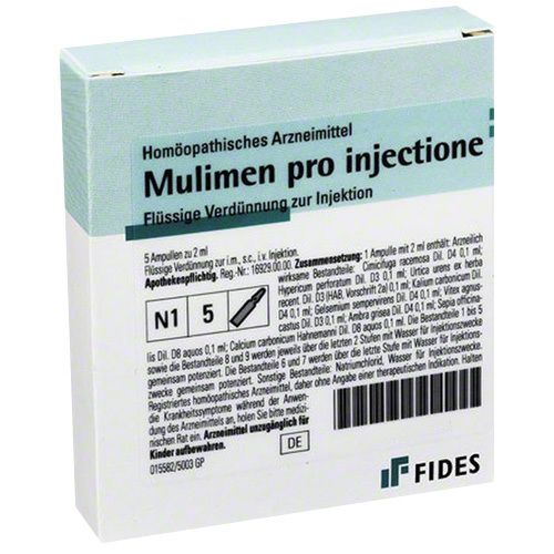 Karton mit Aufschrift 'Mulimen pro injectione'. Enthält 5 Ampullen. Text in deutscher Sprache. Marke FIDES.