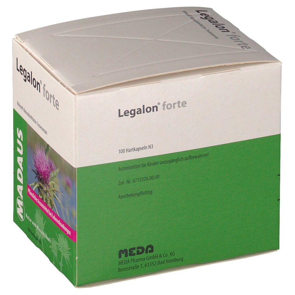 Legalon® forte-Verpackung. Weiß-grüne Schachtel mit Produktnamen, Mariendistel-Illustration und Text. Enthält 100 Hartkapseln.