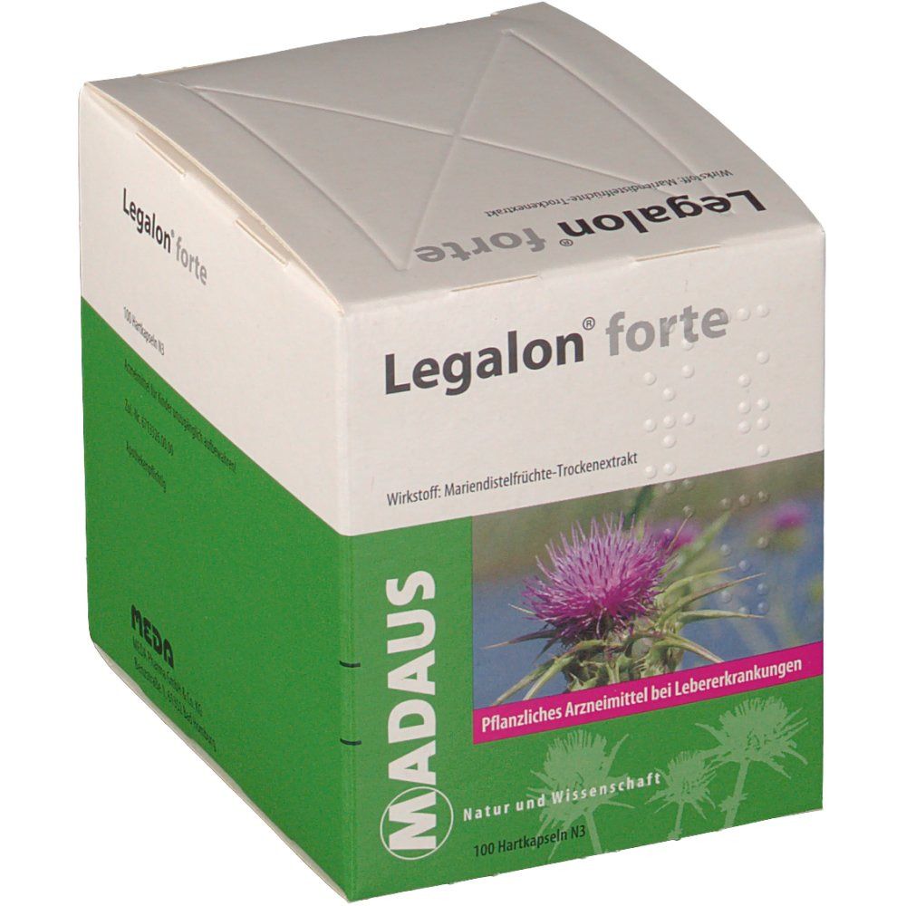Legalon® forte-Verpackung. Weiß-grüne Schachtel mit Produktnamen, Mariendistel-Illustration und Text. 100 Hartkapseln.