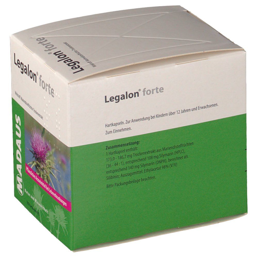 Legalon® forte-Verpackung. Weiß-grüne Schachtel mit Produktnamen, Mariendistel-Illustration und Text. Enthält Hartkapseln.