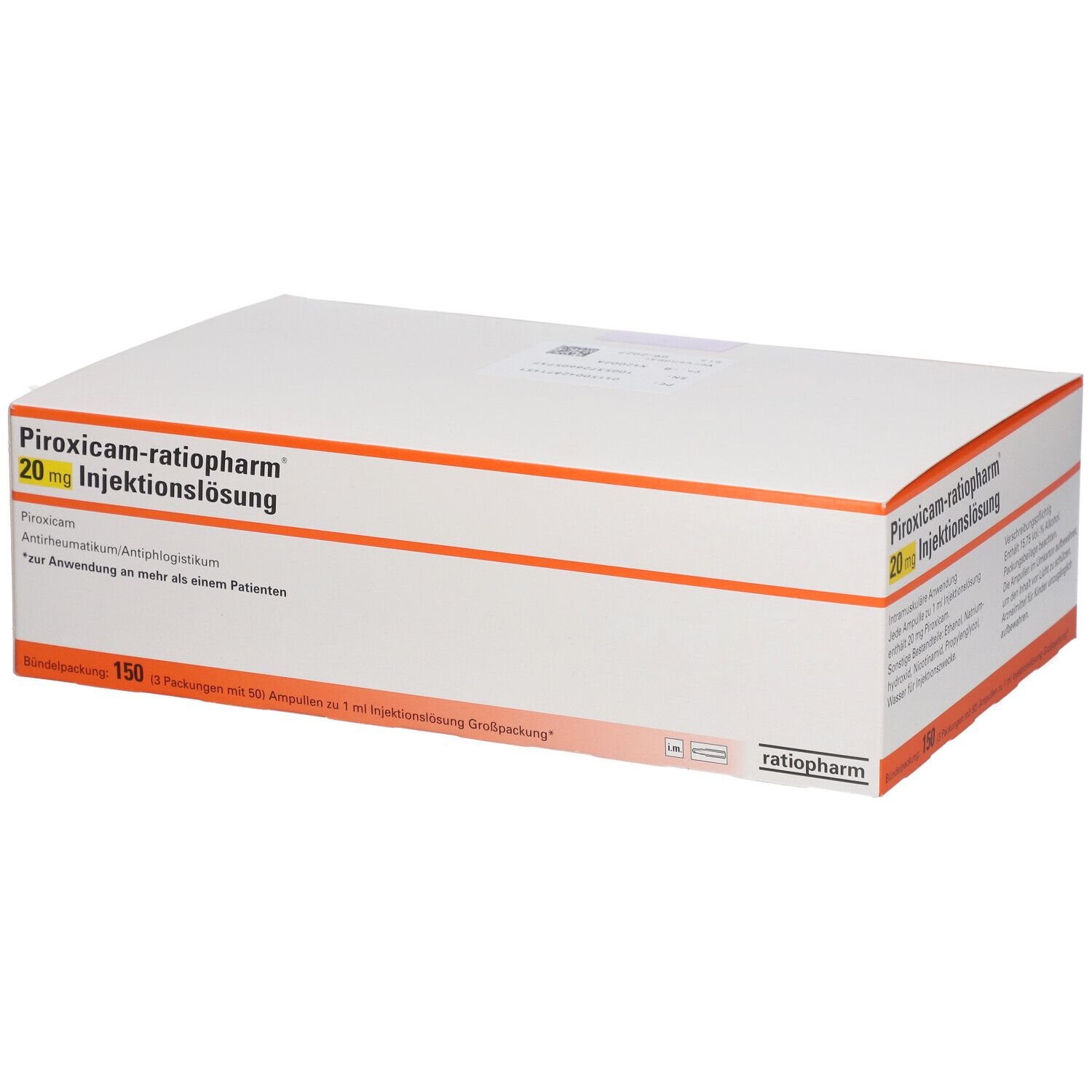 Weiße Verpackung mit Aufschrift Piroxicam-ratiopharm 20 mg Injektionslösung. Großpackung.