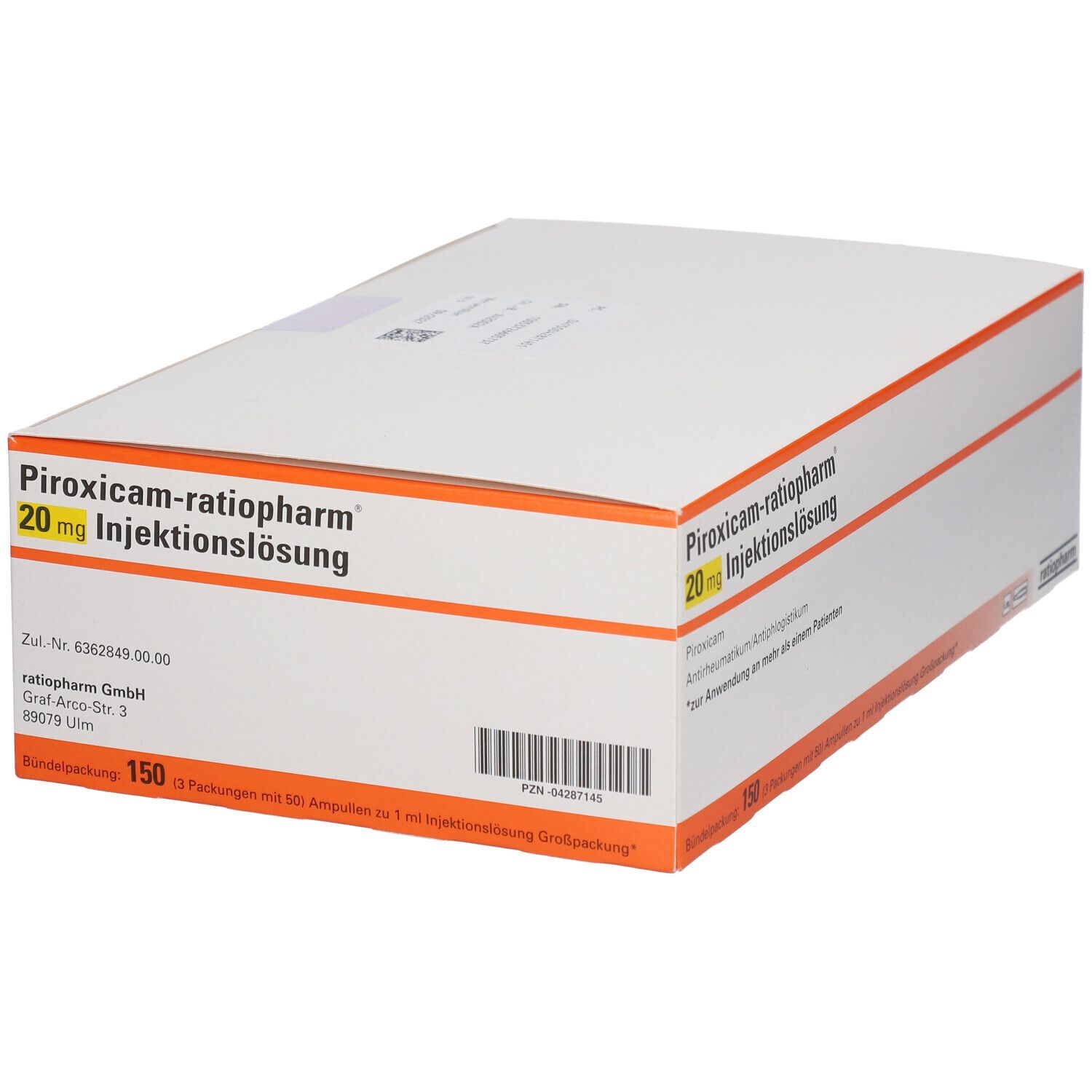 Weiße Verpackung mit Aufschrift Piroxicam-ratiopharm 20 mg Injektionslösung. Logo und Text.