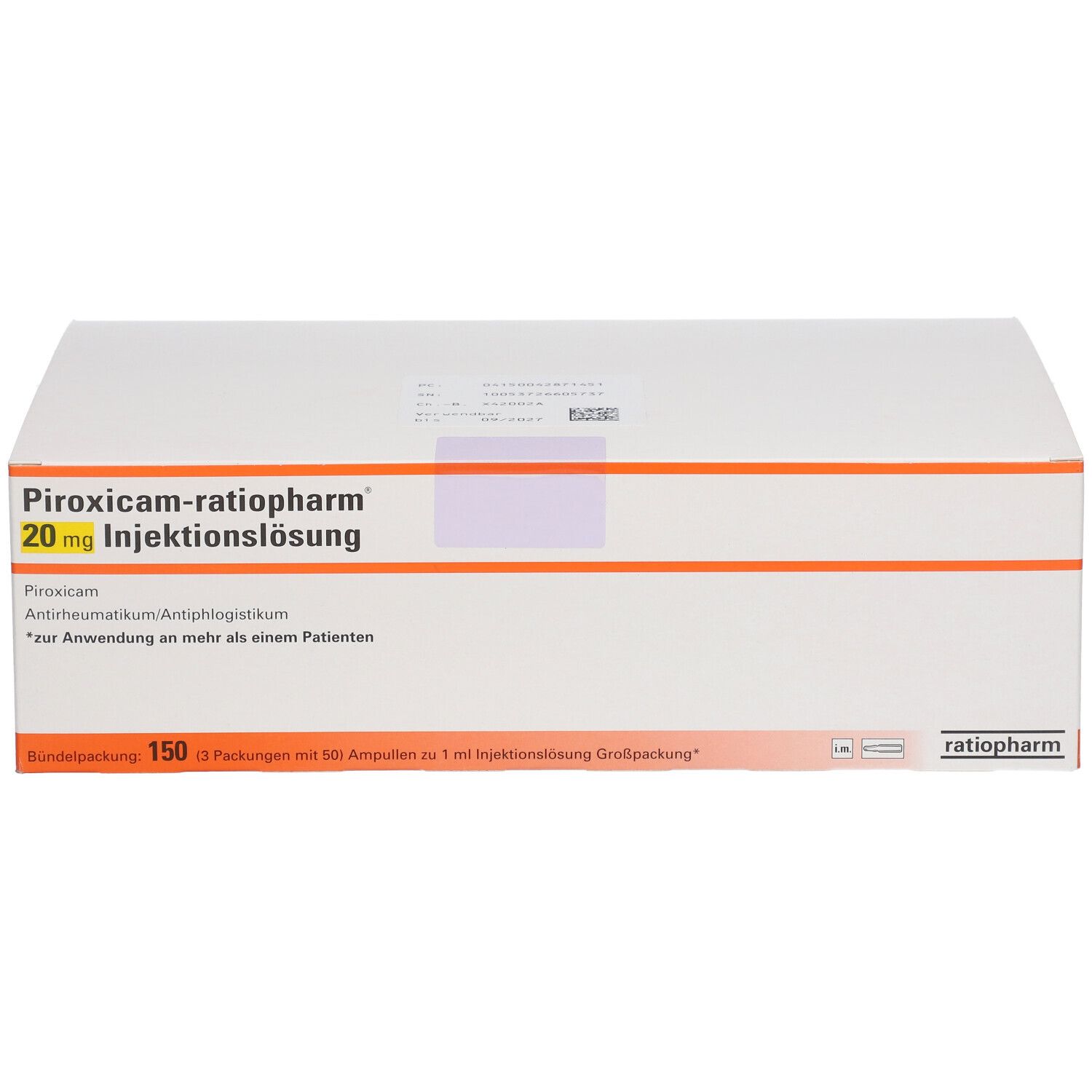 Weiße Verpackung mit Aufschrift Piroxicam-ratiopharm 20 mg Injektionslösung. Großpackung.