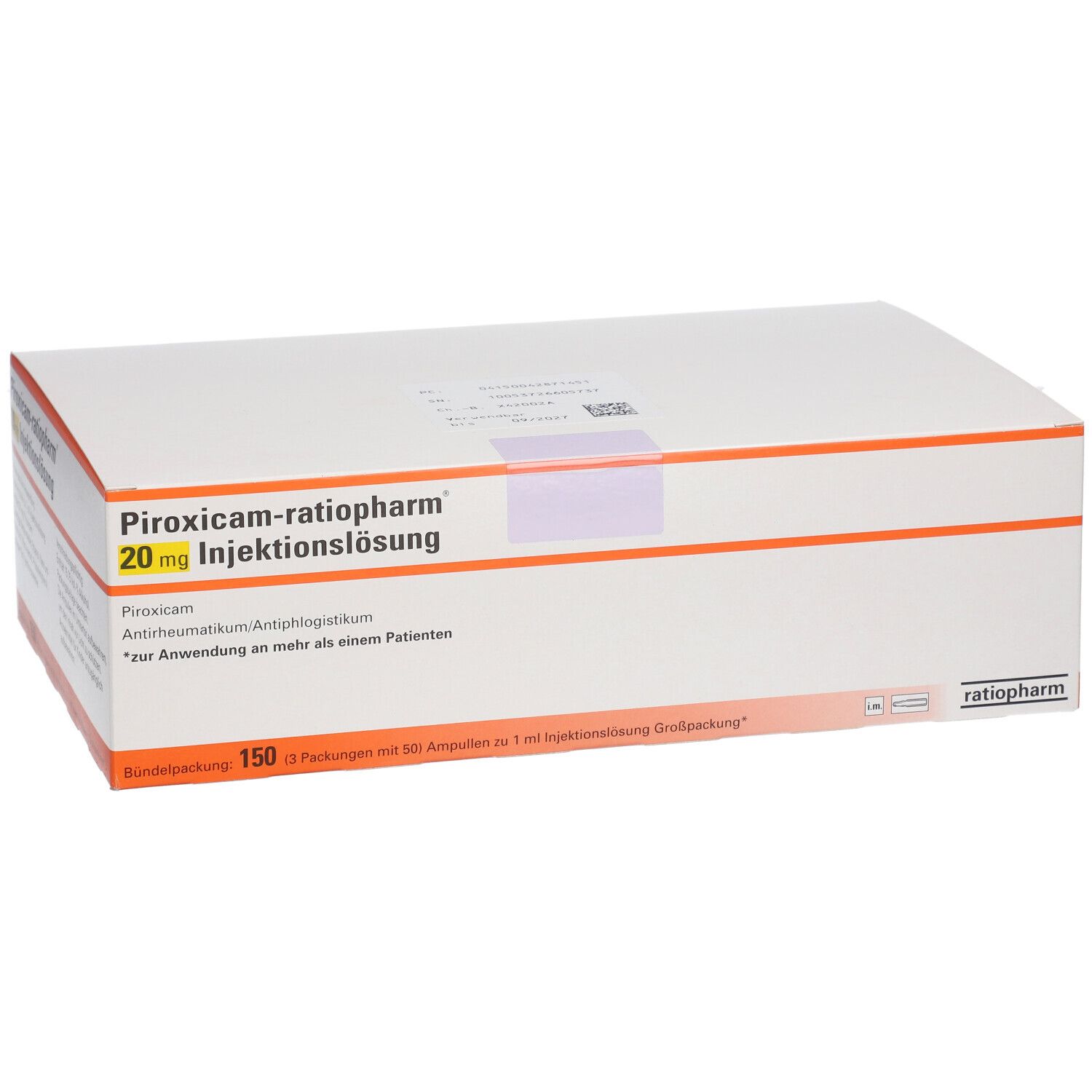Weiße Verpackung mit Aufschrift Piroxicam-ratiopharm 20 mg Injektionslösung. Text und Logo.