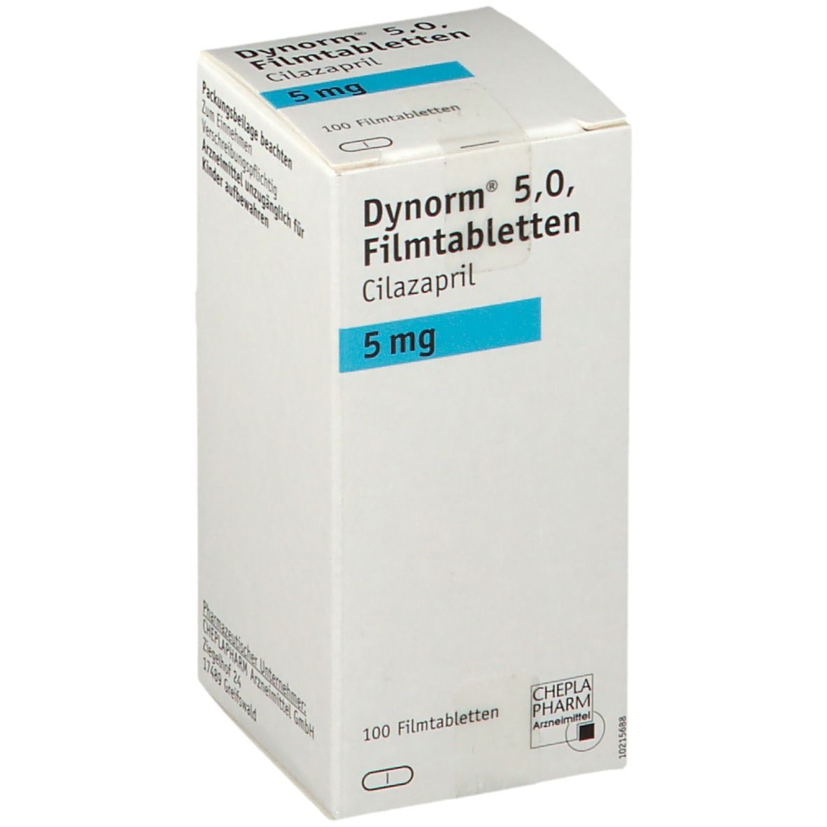 Weiße Schachtel mit blauer Beschriftung. Aufschrift: Dynorm 5,0 Filmtabletten, Cilazapril, 5 mg. CHEPLAPHARM Logo.