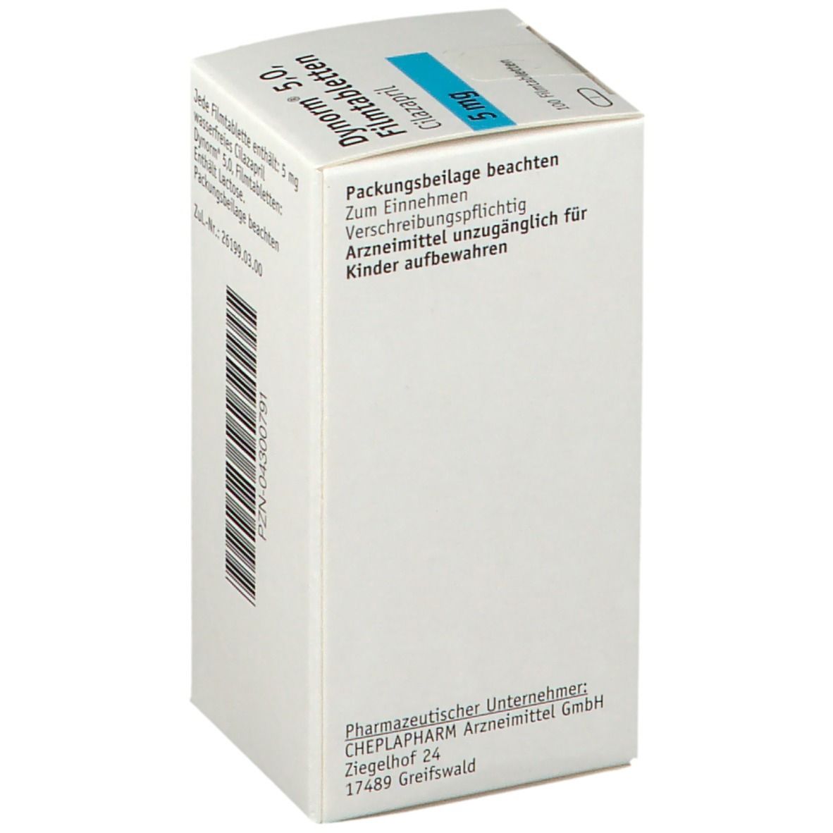 Rückseite einer weißen Schachtel. Text: Packungsbeilage beachten. Anschrift: CHEPLAPHARM Arzneimittel GmbH.