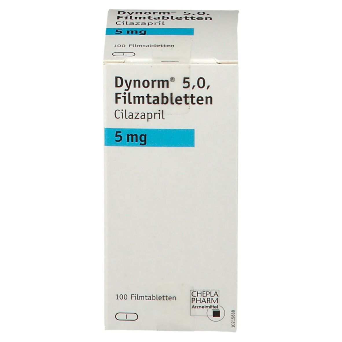 Weiße Schachtel mit blauer Beschriftung. Aufschrift: Dynorm 5,0 Filmtabletten, Cilazapril, 5 mg. 100 Filmtabletten.