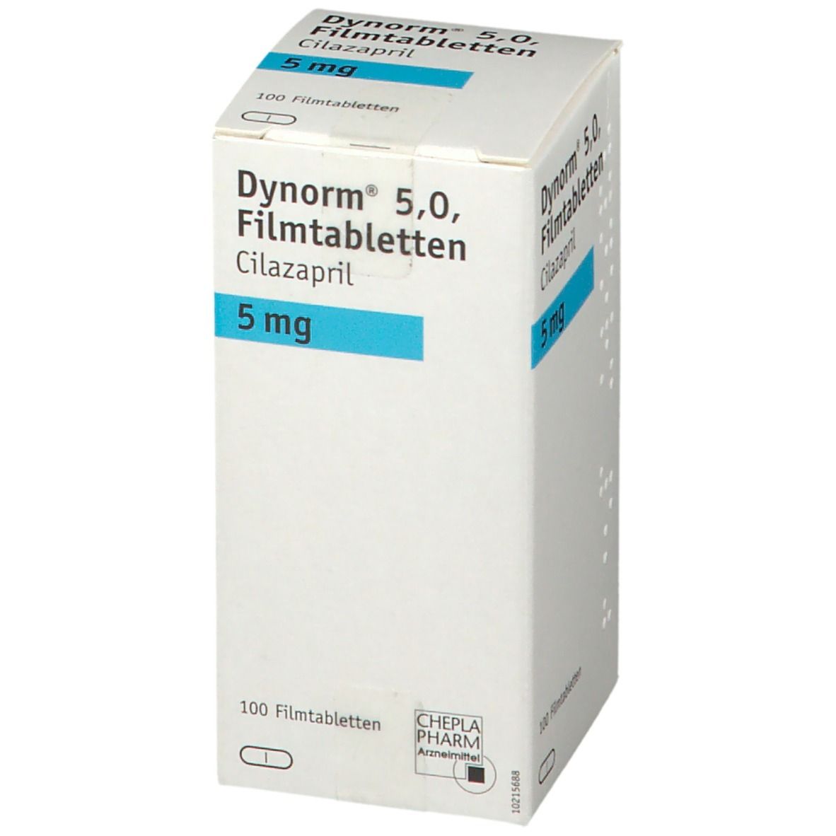 Weiße Schachtel mit blauer Beschriftung. Aufschrift: Dynorm 5,0 Filmtabletten, Cilazapril, 5 mg. CHEPLAPHARM Logo.