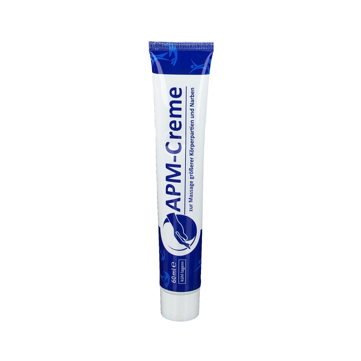 Creme-Tube, weiß mit blauem Deckel. Aufschrift APM-Creme, Logo und Text. 60ml.