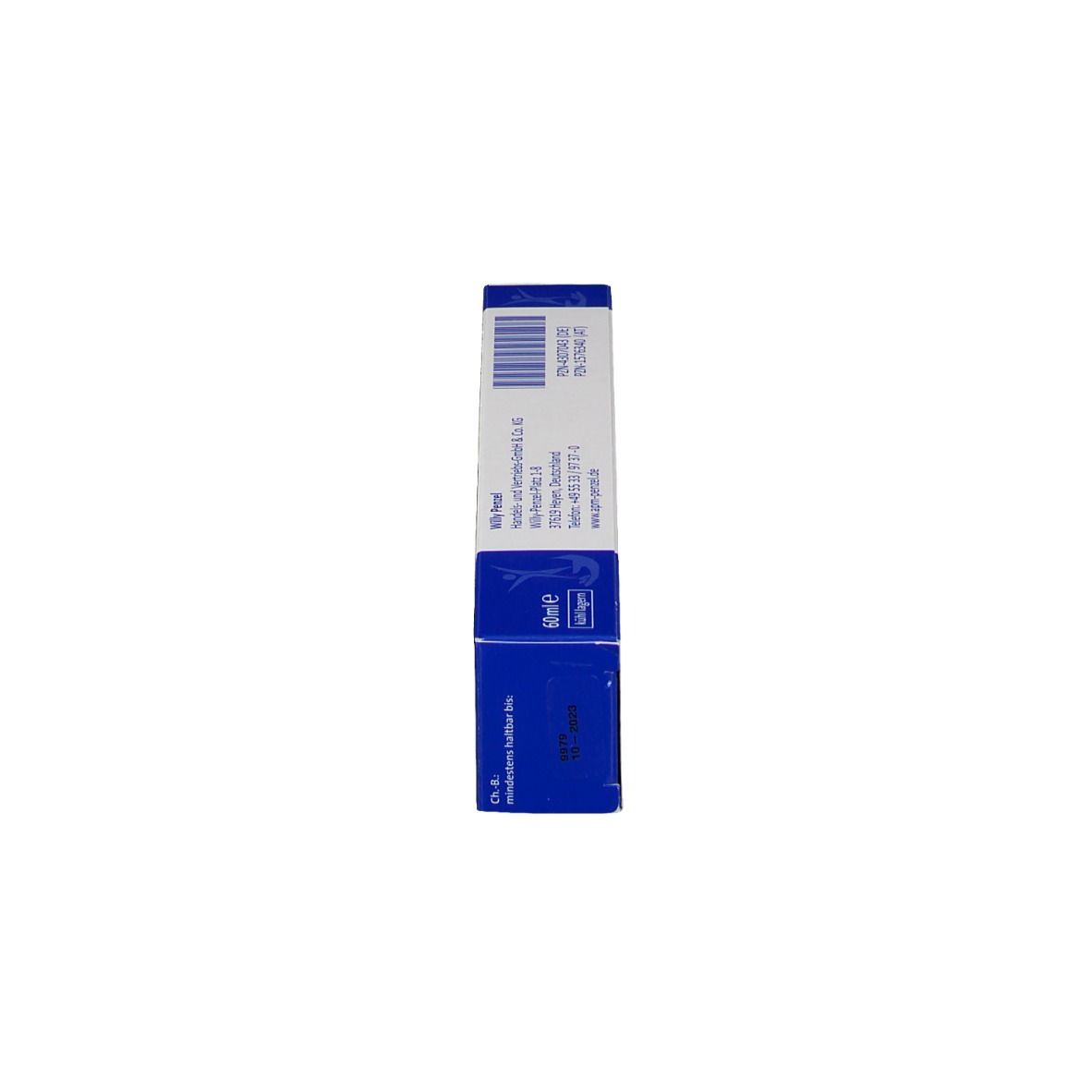 Blaue Produktverpackung. Barcode und Herstellerinformationen. Aufschrift APM-Creme.