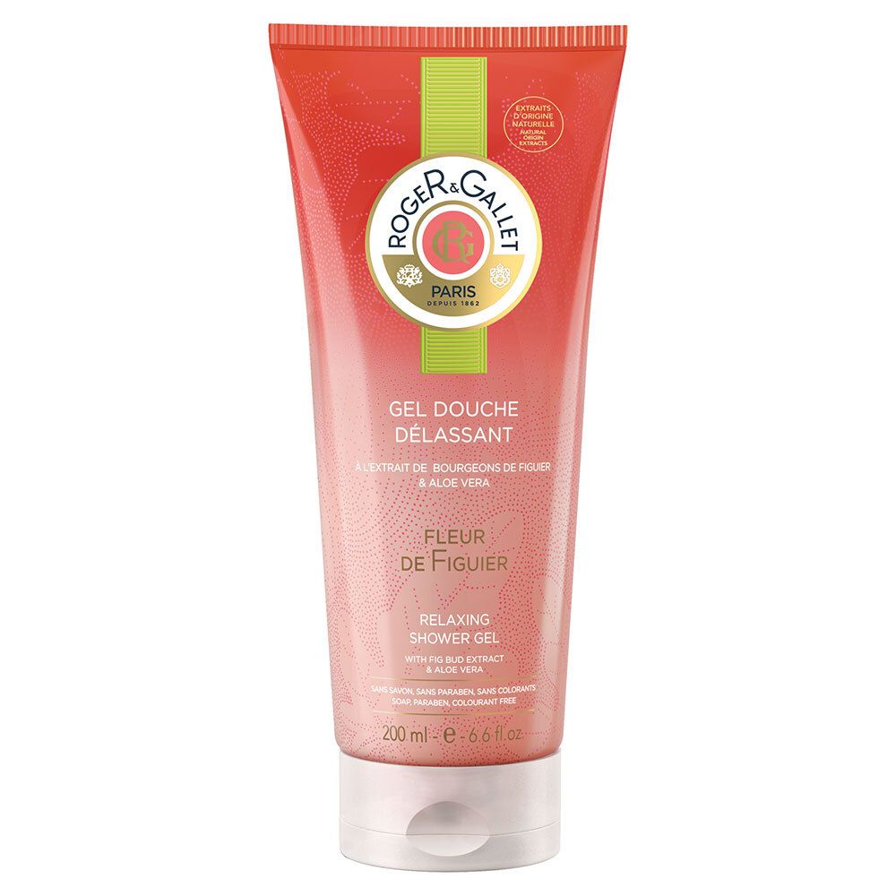 Weichmacher-Duschgel in roter Tube. Logo und Schriftzug. Text: Fleur de Figuier, Relaxing Shower Gel. Weiße Verschlusskappe.