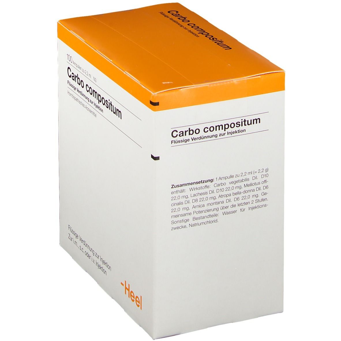Weißer Karton mit orangefarbenem Deckel. Aufschrift "Carbo compositum". Text über Inhaltsstoffe und Hersteller. Marke Heel.