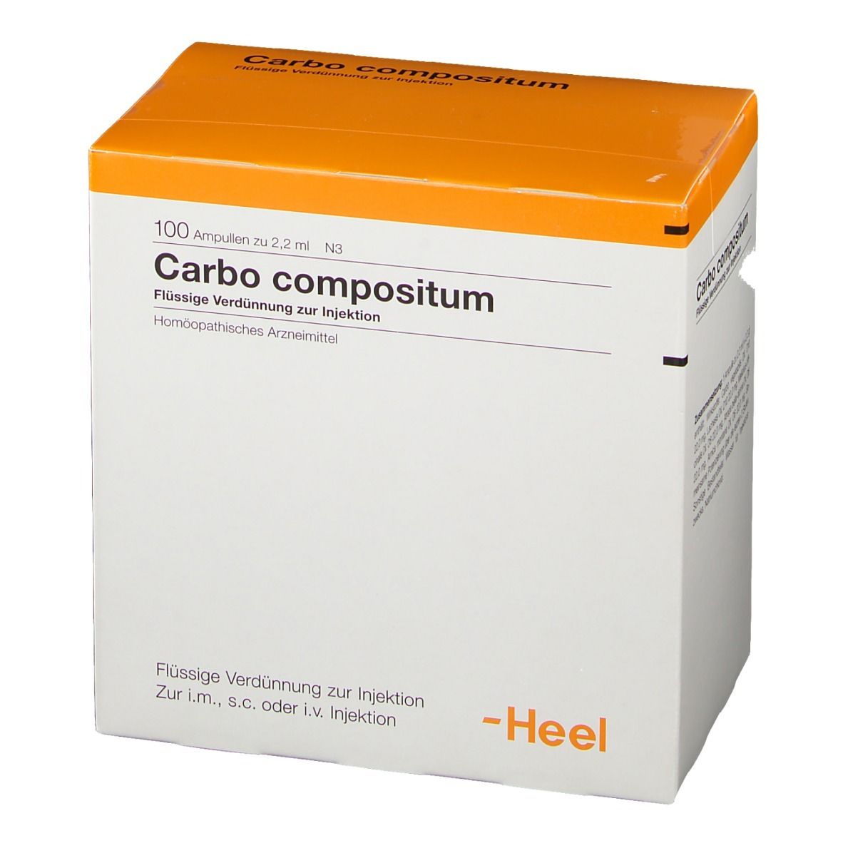 Karton mit "Carbo compositum" Aufdruck. 100 Ampullen. Orangefarbener Deckel. Hersteller Heel. Für Injektion.