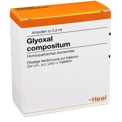 Weiße Faltschachtel mit orangefarbenem Deckel. Aufschrift: Glyoxal compositum, Homöopathisches Arzneimittel, Flüssige Verdünnung zur Injektion. Marke: Heel.