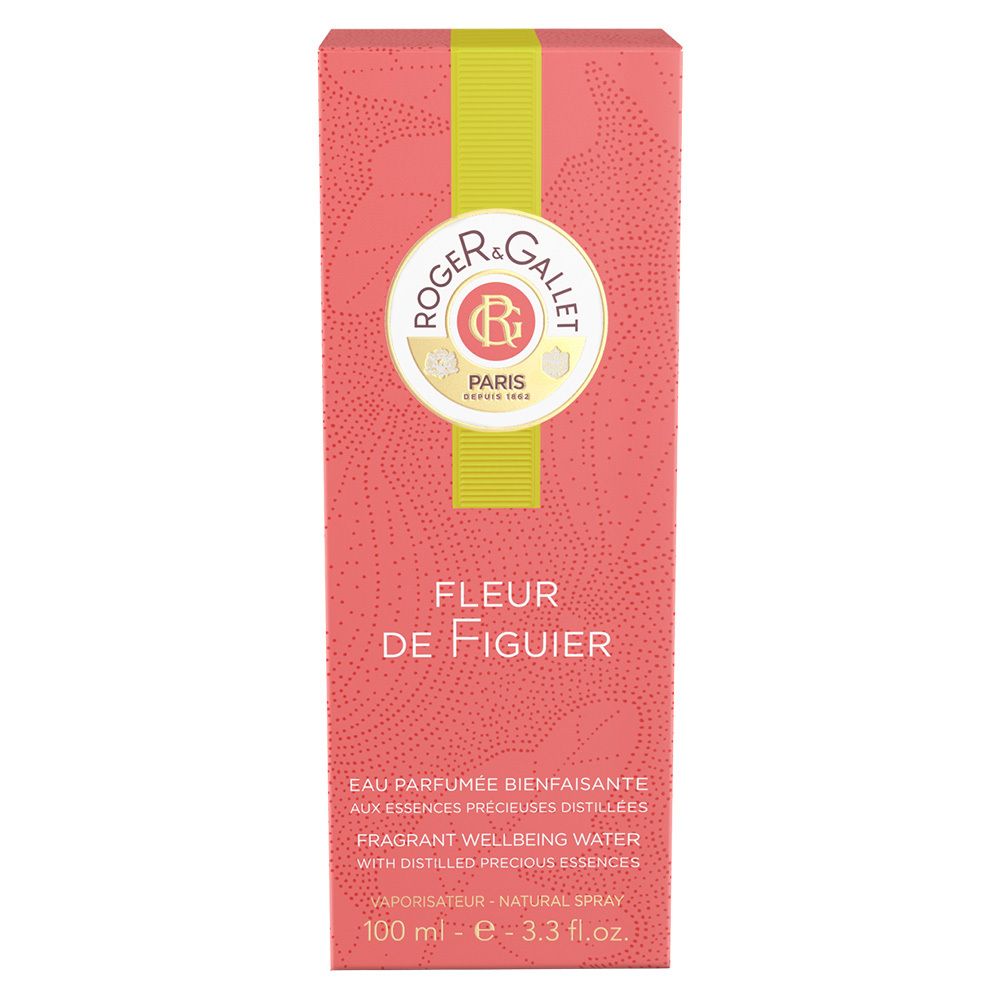 Rosa Verpackung mit Logo von ROGER & GALLET. Aufschrift: FLEUR DE FIGUIER. Text: Eau Parfumée, Fragrant Wellbeing Water, 100 ml.