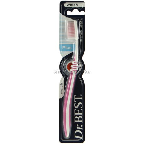 Zahnbürste in Verpackung. Weißer Griff mit rosa Streifen. Rosa Borsten. Marke Dr.BEST. Aufschrift: weich, Plus.