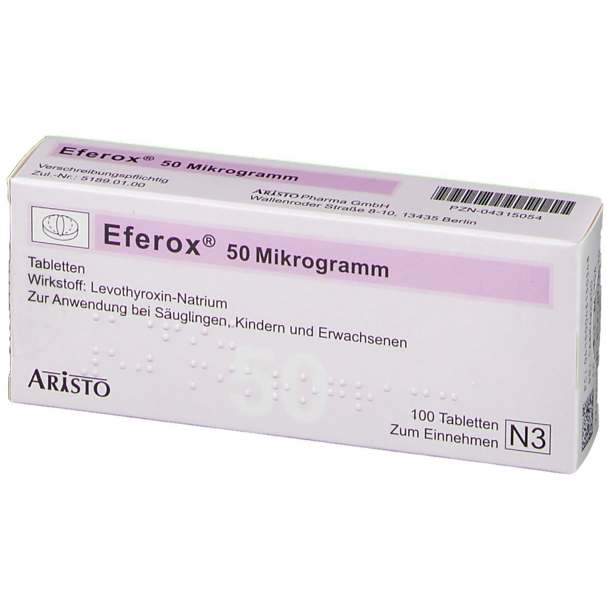 Eferox 50 Mikrogramm Tabletten-Packung. Enthält 100 Tabletten. Aristo Pharma GmbH.