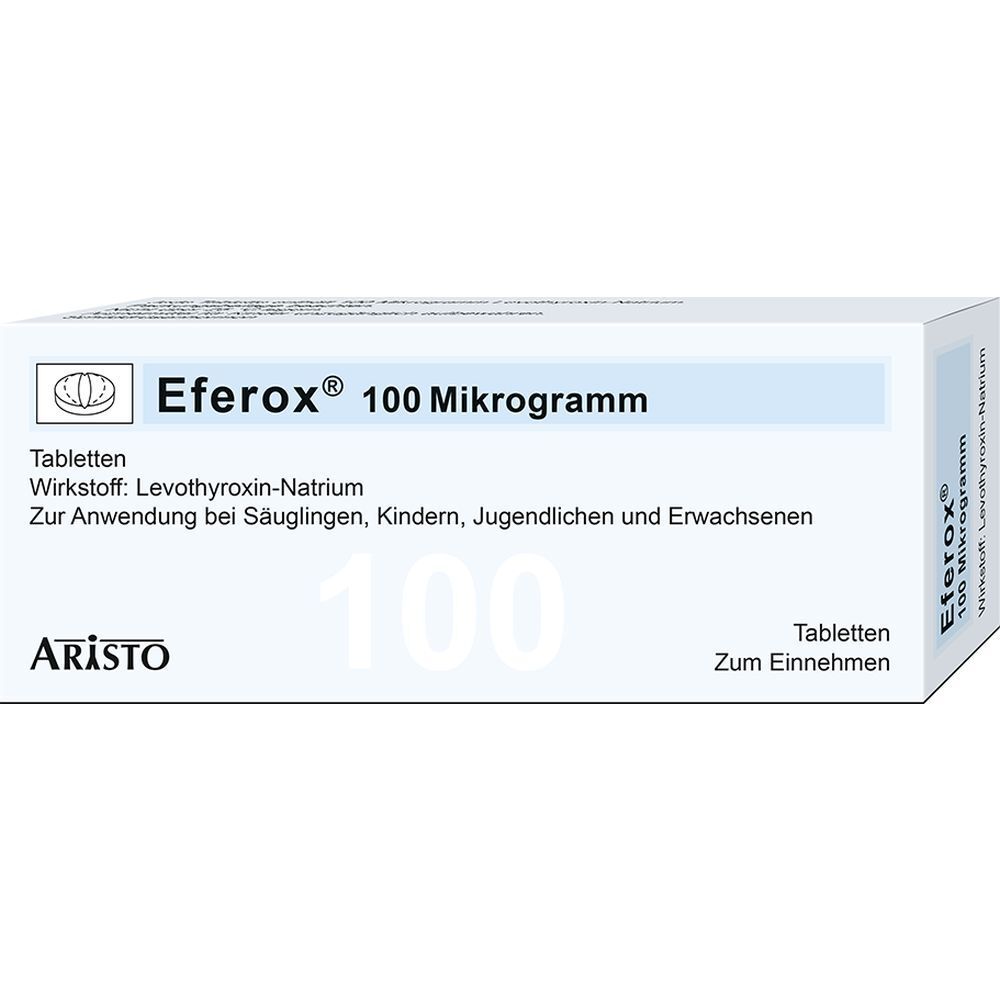 Weiße Schachtel mit Eferox® 100 Mikrogramm. Text: Tabletten, Wirkstoff Levothyroxin-Natrium. Marke ARISTO.