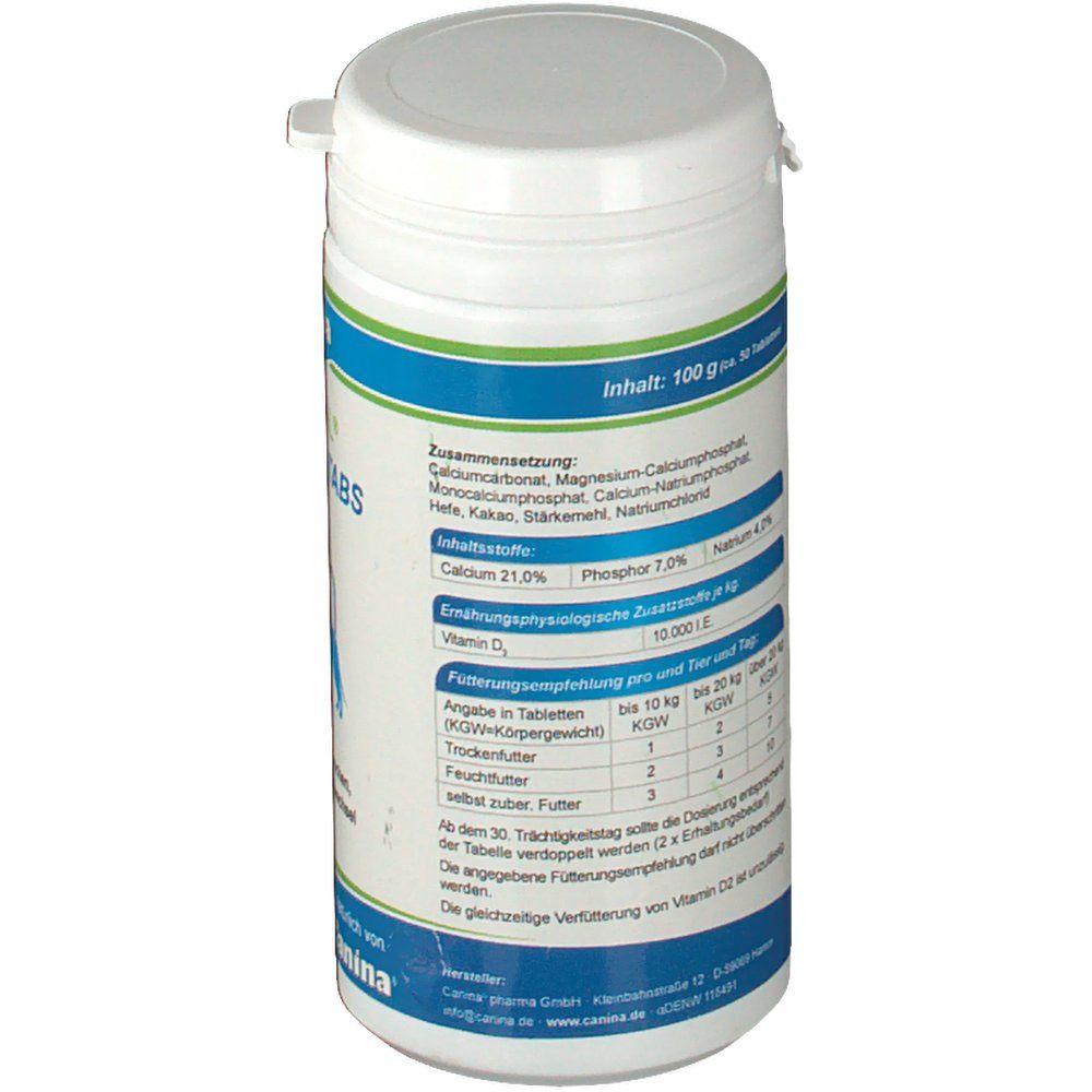 Weiße Dose, Rückseite. Text: Inhaltsstoffe, Fütterungsempfehlung. Aufschrift: 100 g, 50 Tabletten.