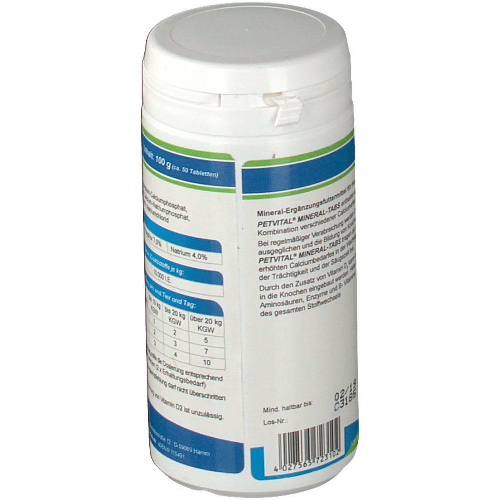 Weiße Dose, Detailansicht. Text: Mineral-Ergänzungsfuttermittel für Hunde. Aufschrift: 100 g, 50 Tabletten.