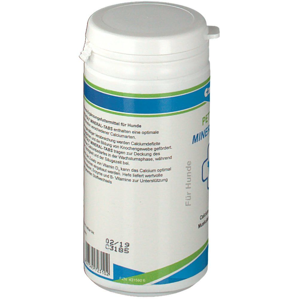 Weiße Dose, Detailansicht. Text: Mineral-Ergänzungsfuttermittel für Hunde. Mindesthaltbarkeit 02/19.