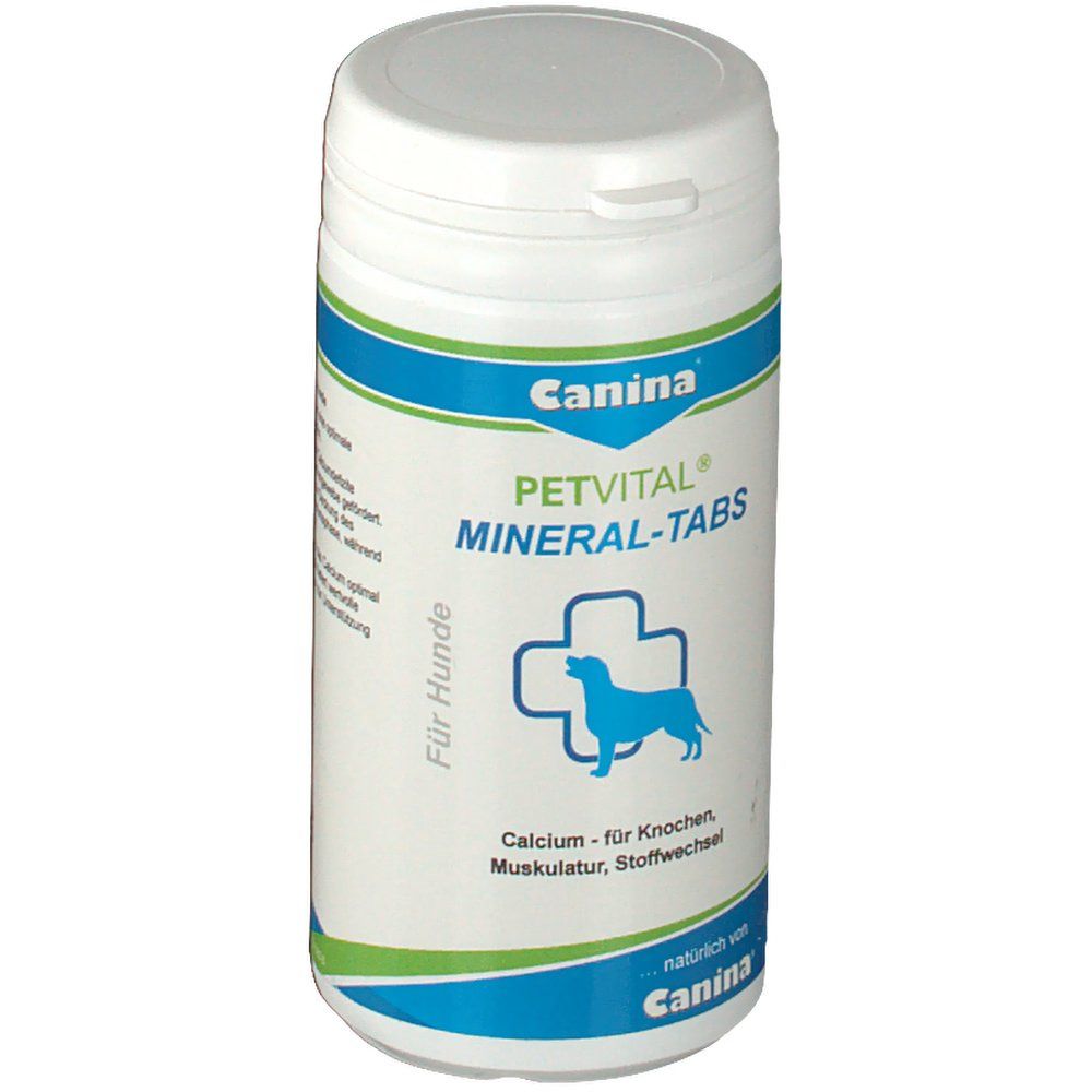 Weiße Dose mit blau-grüner Banderole. Aufschrift: Canina PETVITAL MINERAL-TABS. Logo: Hund im Kreuz.