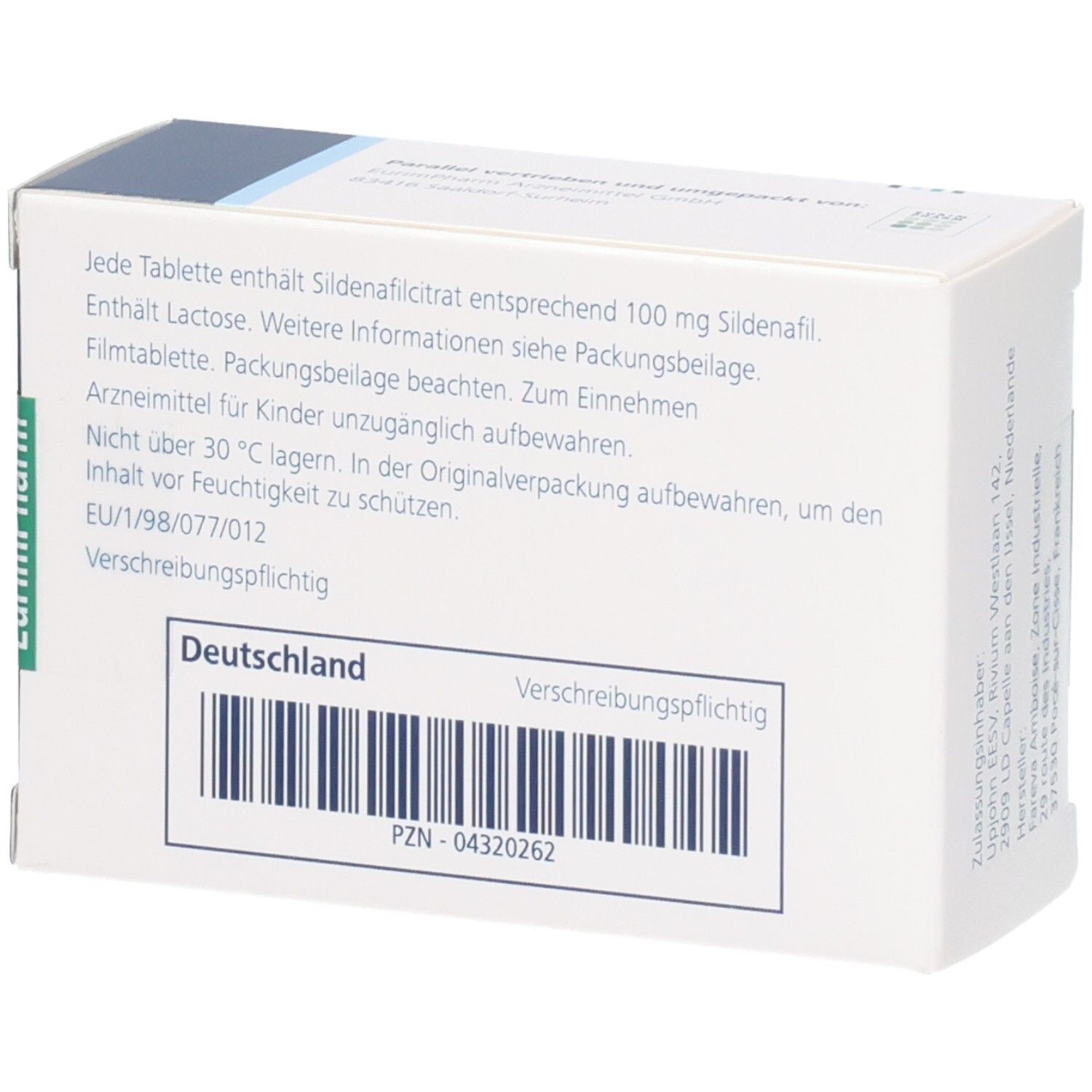 Rückseite der Viagra 100 mg Filmtabletten Schachtel mit Dosierungsinformationen.