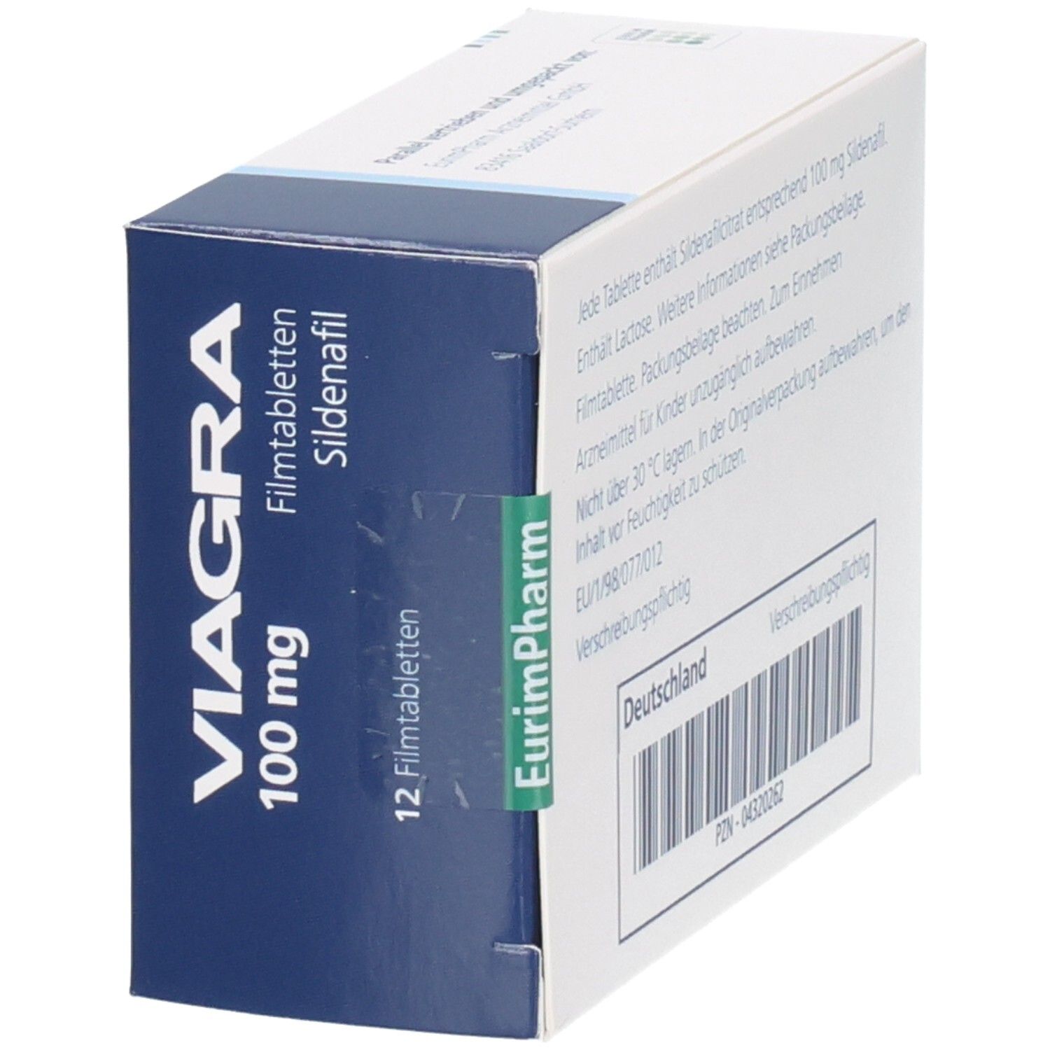 Viagra 100 mg Filmtabletten Sildenafil, 12 Stück, Seitenansicht.