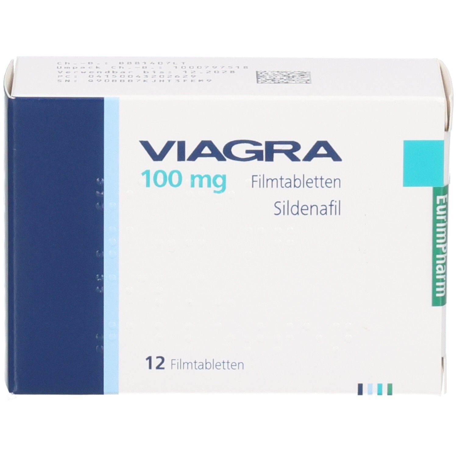 Viagra 100 mg Filmtabletten Sildenafil, 12 Stück, Vorderansicht.