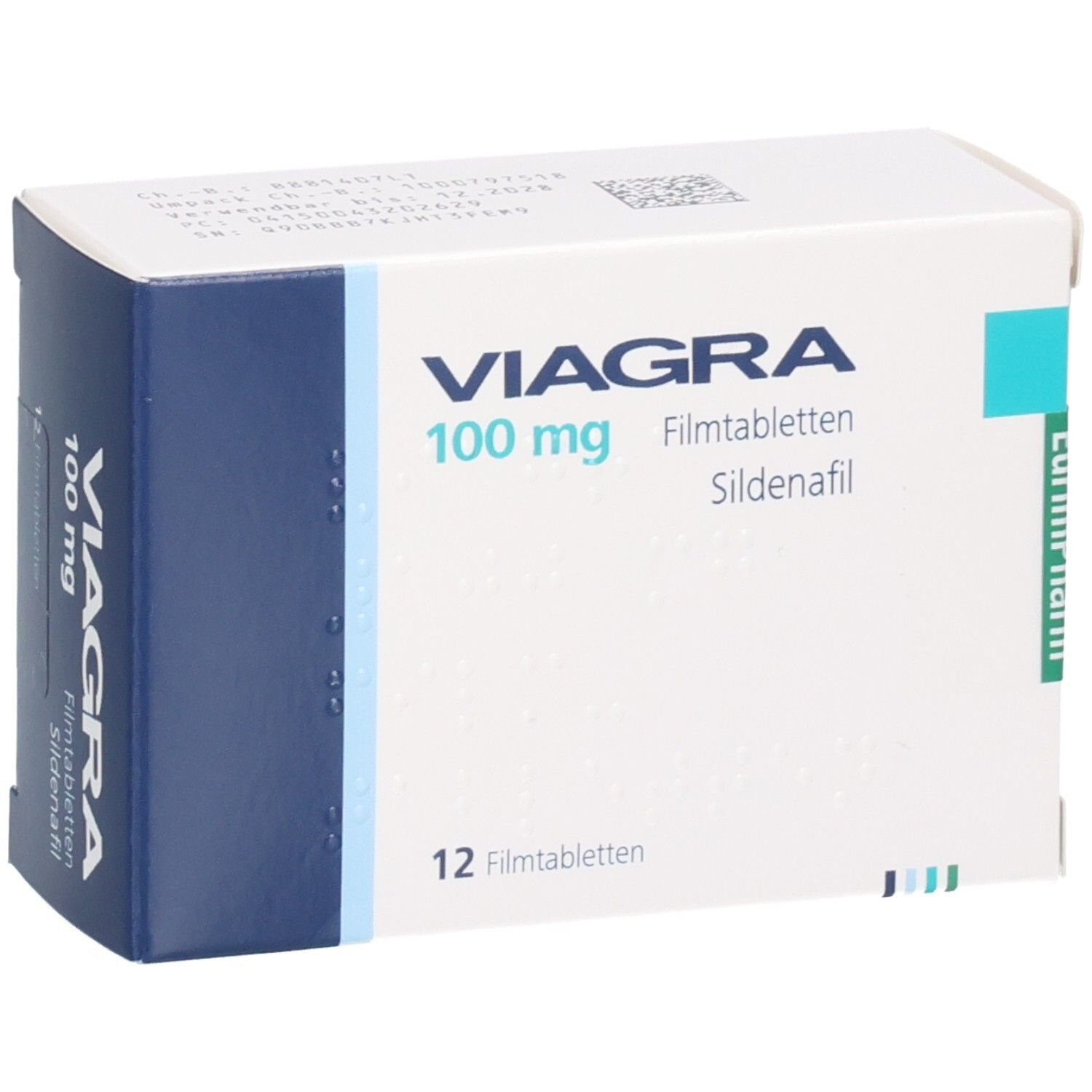 Viagra 100 mg Filmtabletten Sildenafil, 12 Stück, schräge Vorderansicht.